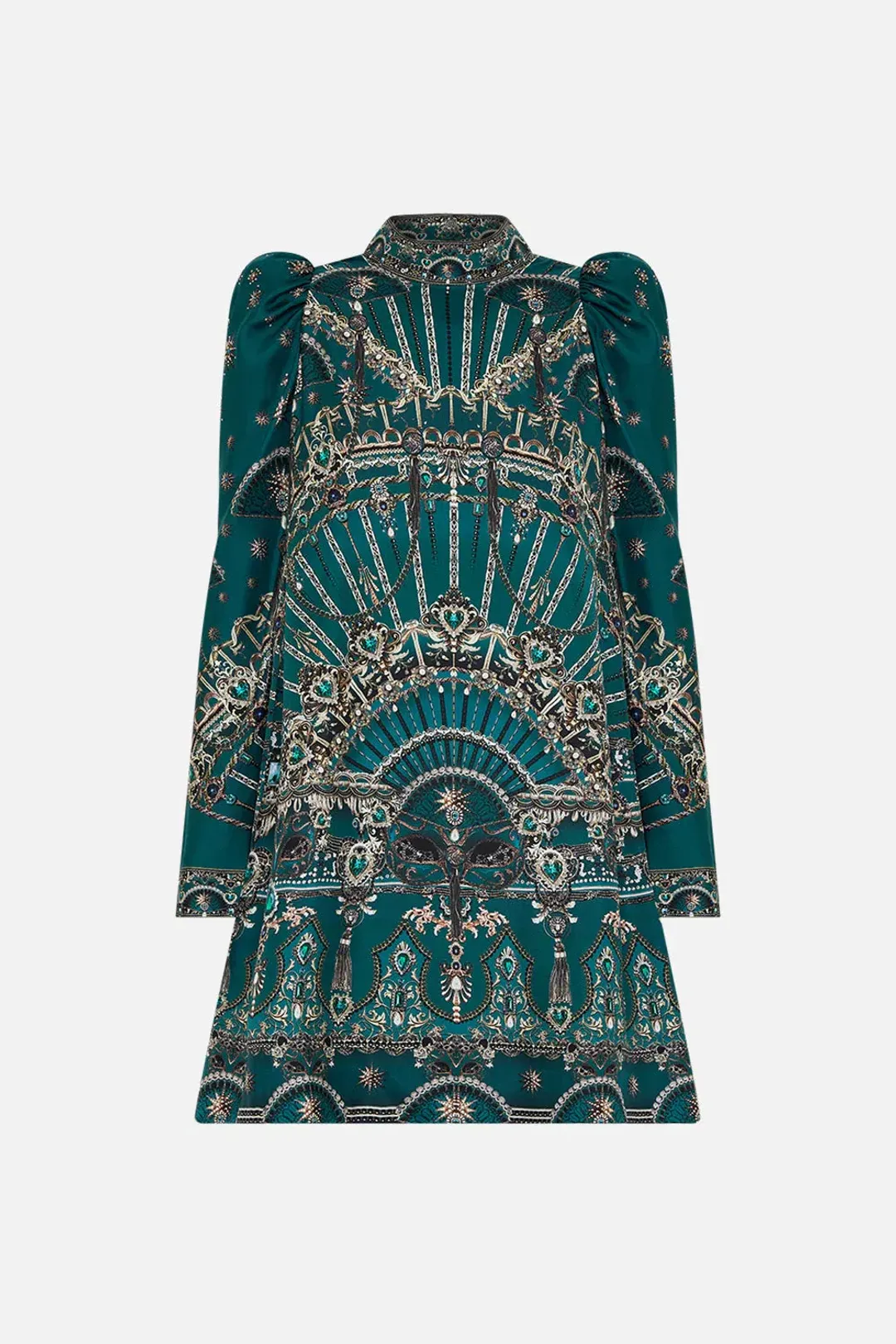 Camilla Puff Sleeve High Neck Mini Dress Green Size 14 for rent on The Volte - main image