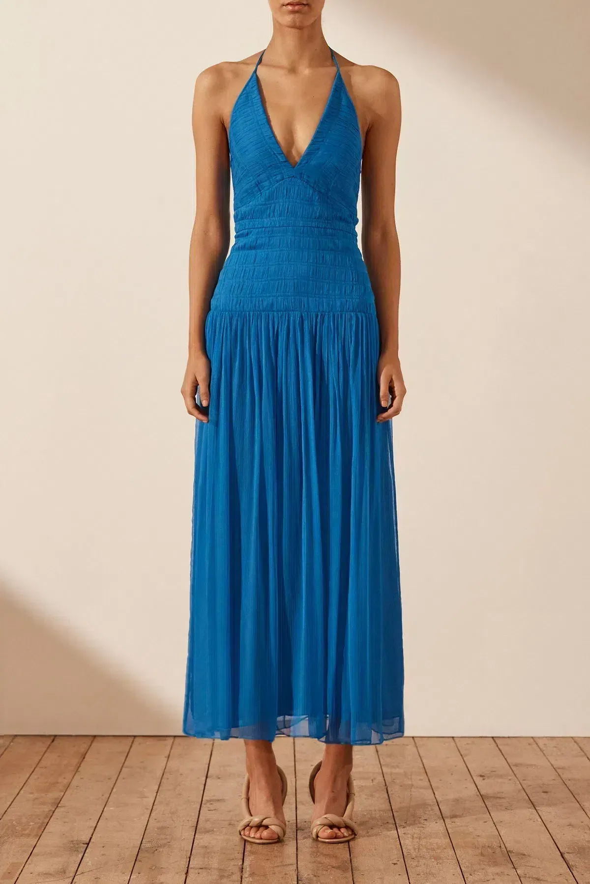 Shona Joy Leilani Halter Tie Midi Dress in Pacific Dress Blue Size 12 for rent on The Volte - main image