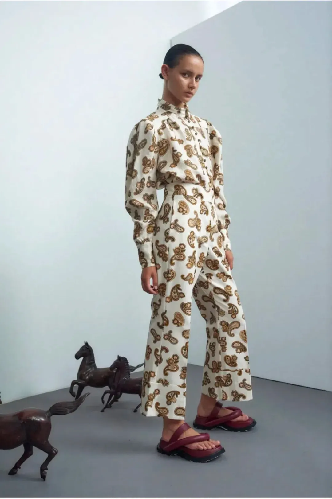 Alemais Mia Puff Blouse Size 8 & Crop Pant Size 12 Set in Cream Paisley for rent on The Volte - main image