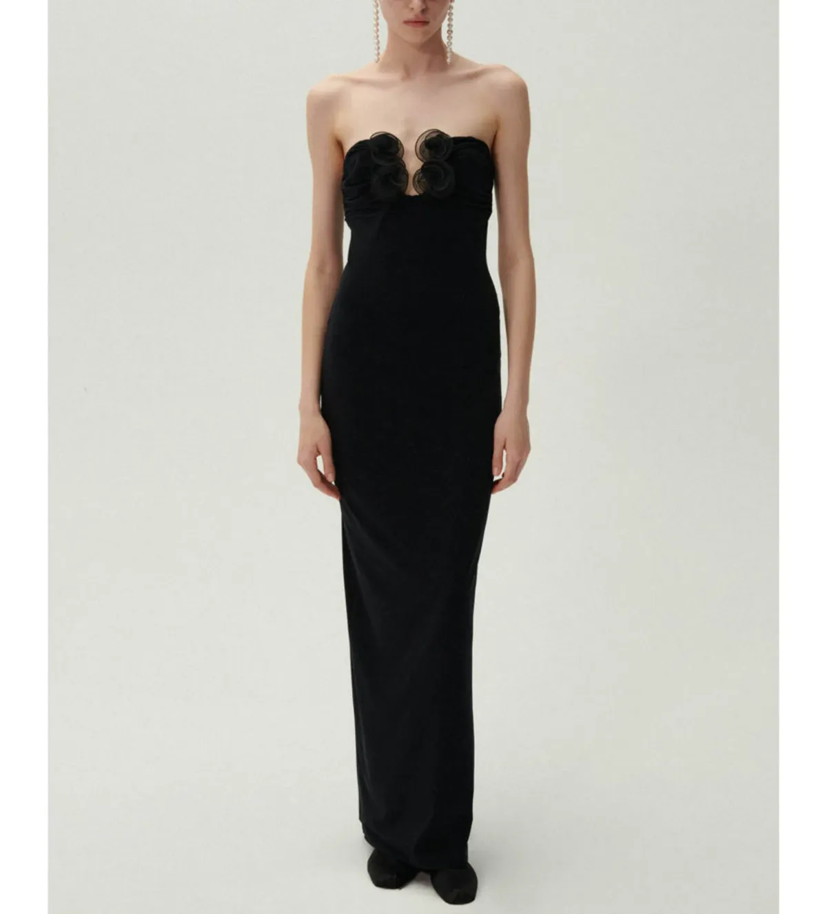 Magda Butrym Strapless Flower Appliqué Maxi Dress Black Size 6 for rent on The Volte - main image