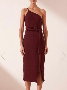 Shona Joy Andrea One-Shoulder Fitted Midi Dress Burgundy 6 for rent on The Volte - image 1