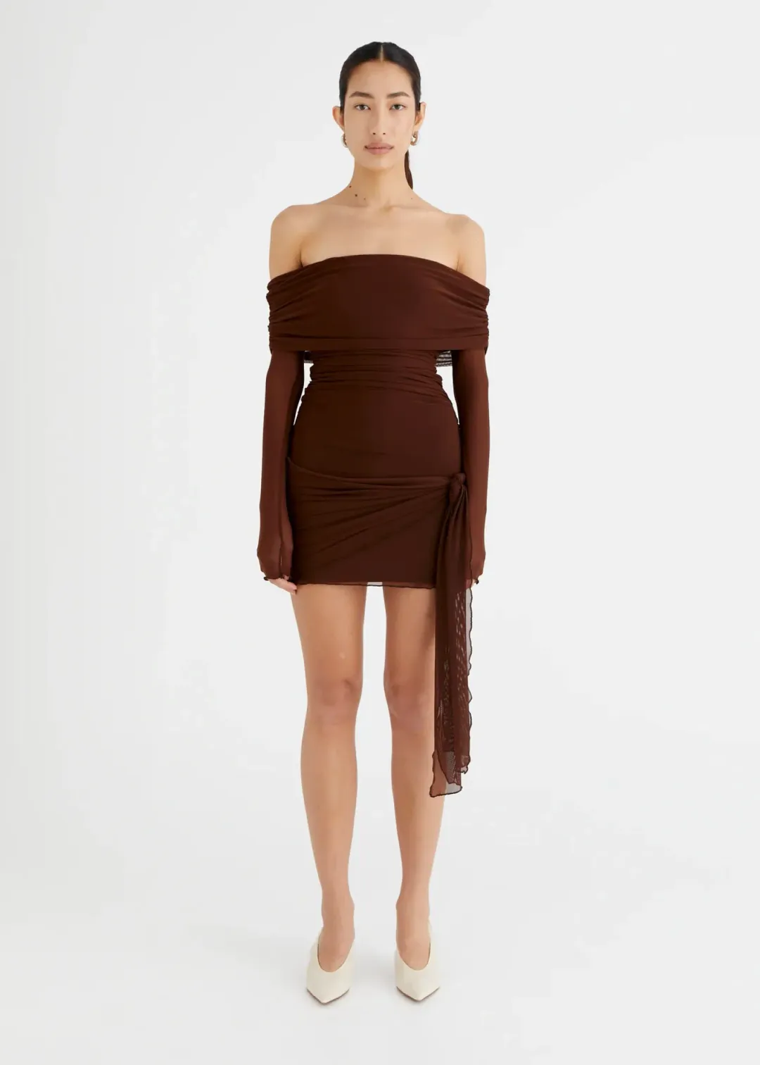 Benni Yasmin Off Shoulder Mini Dress in Cacao Size XS / AU 6 for rent on The Volte - main image