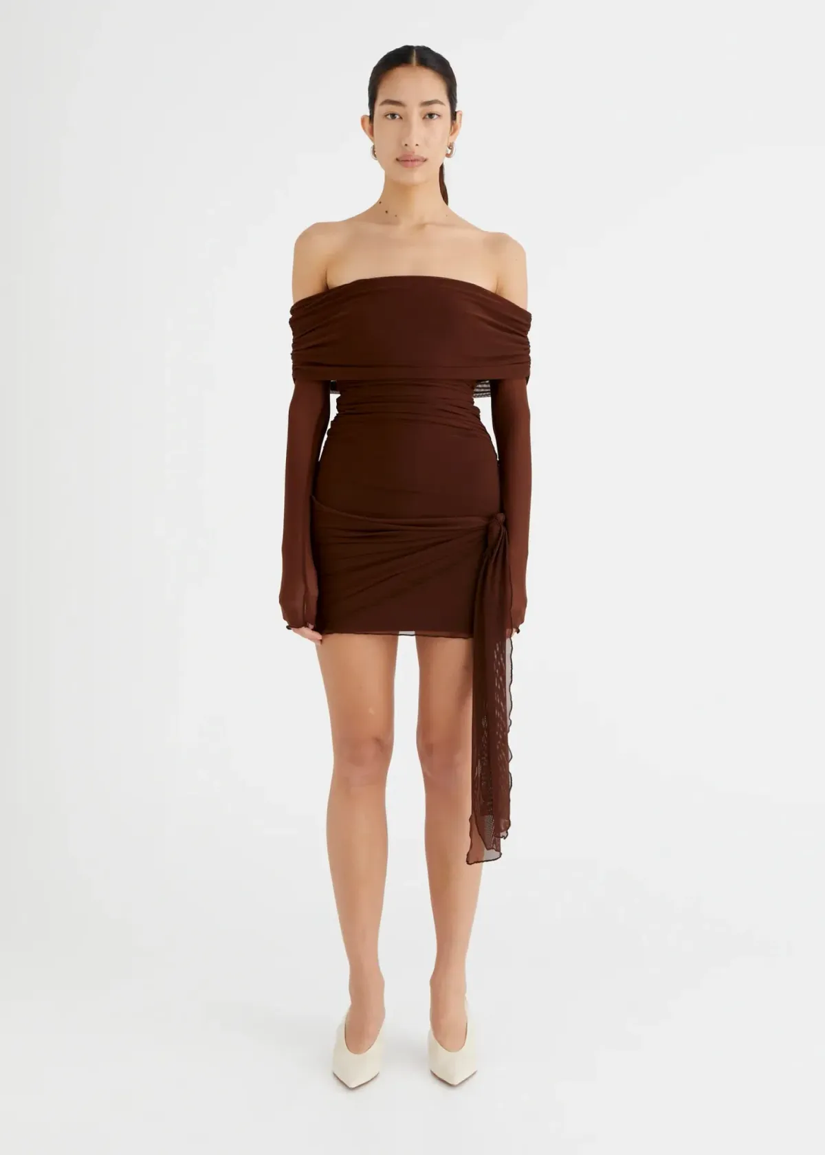 Benni Yasmin Off Shoulder Mini Dress in Cacao Size XS / AU 6 for rent on The Volte - main image