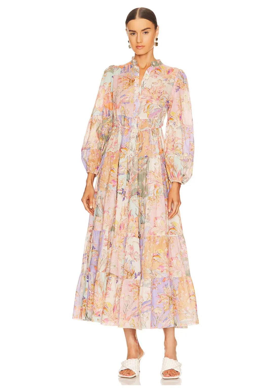Zimmermann Cira Tiered Shirt Dress Patch Multi Floral Size 0 / AU 8 for rent on The Volte - main image