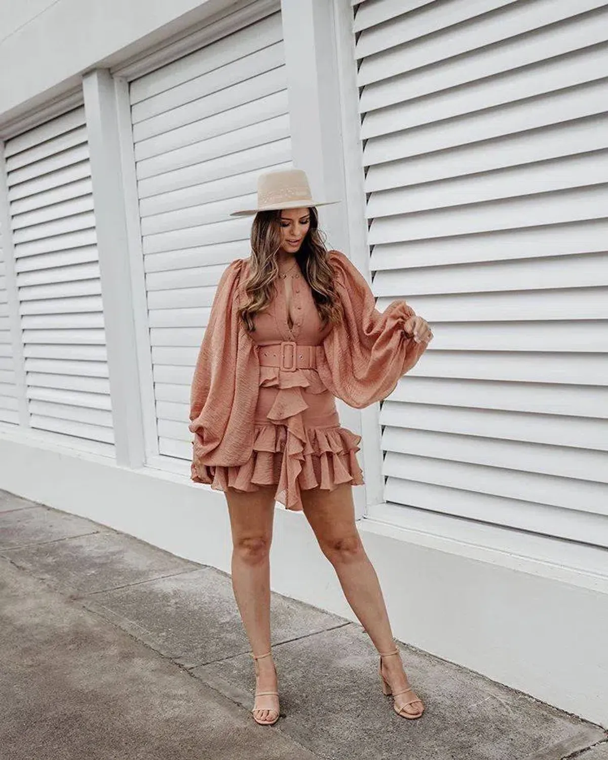 Shona Joy Charlotte Draped Mini Dress Desert Rose Size 10 for rent on The Volte - main image