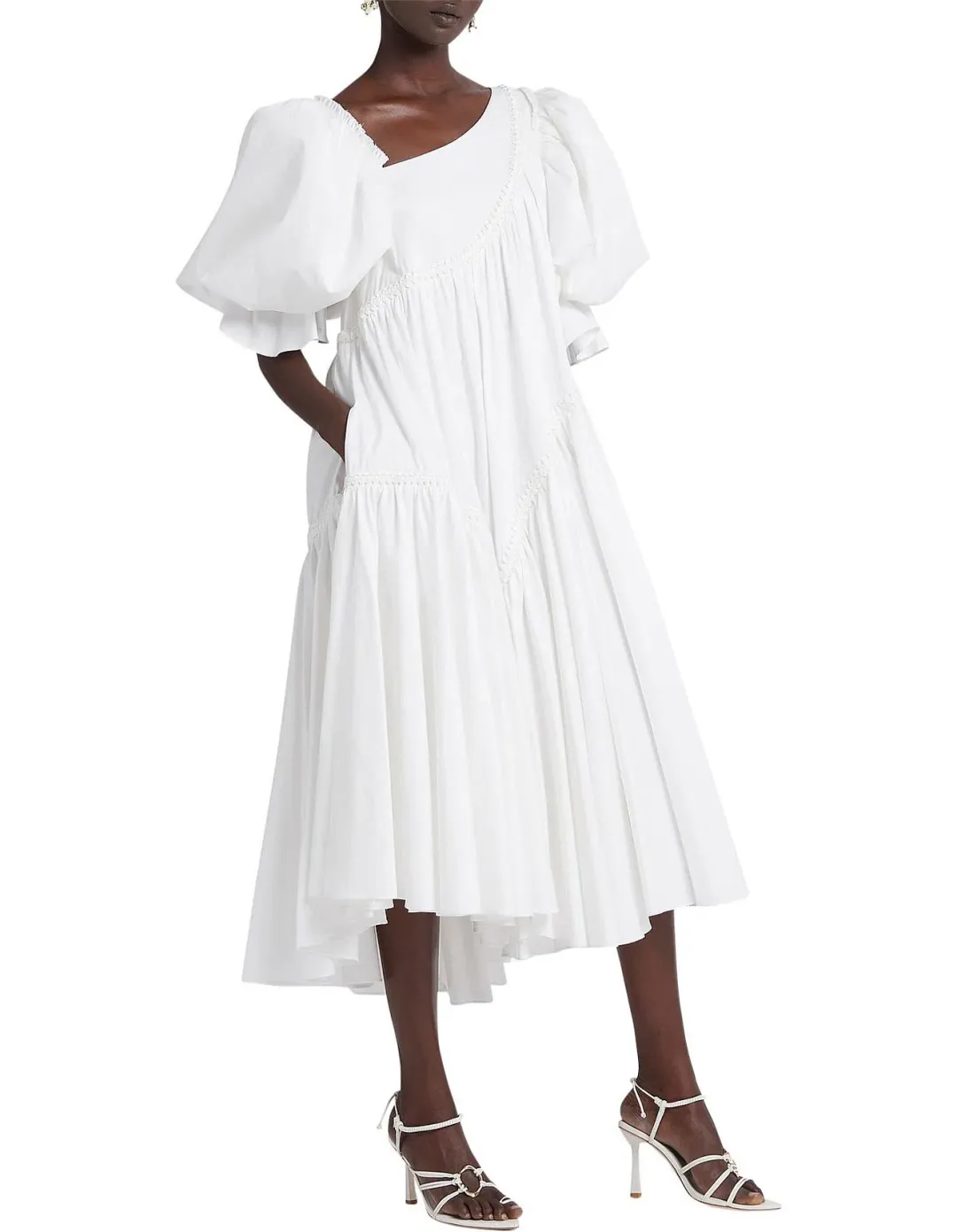 Aje Casabianca Braided Asymmetric Puff Sleeve Midi Dress White Size 14 for rent on The Volte - main image
