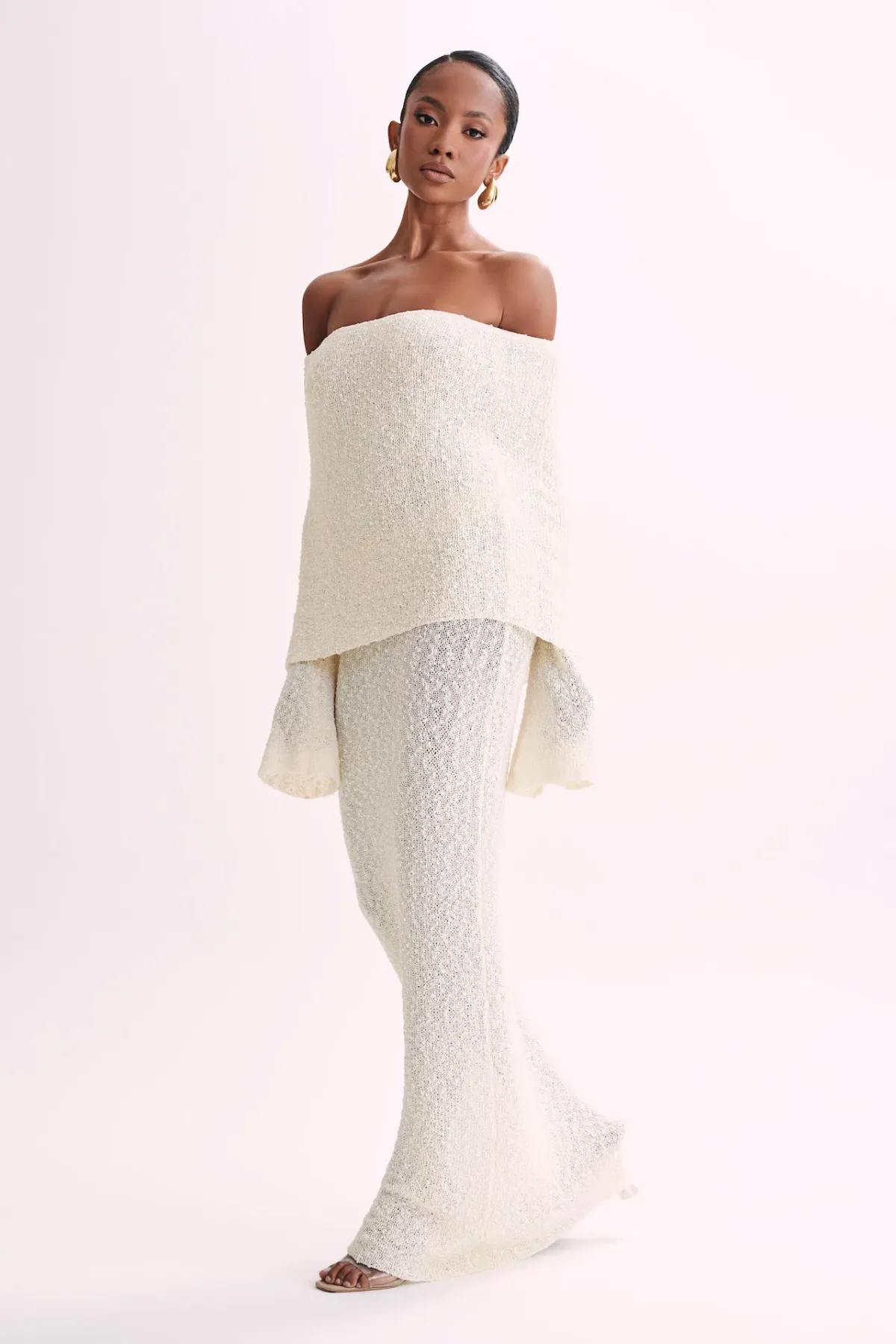 Meshki Marisol Off Shoulder Boucle Maxi Dress in Ivory Size S / AU 8 for rent on The Volte - main image