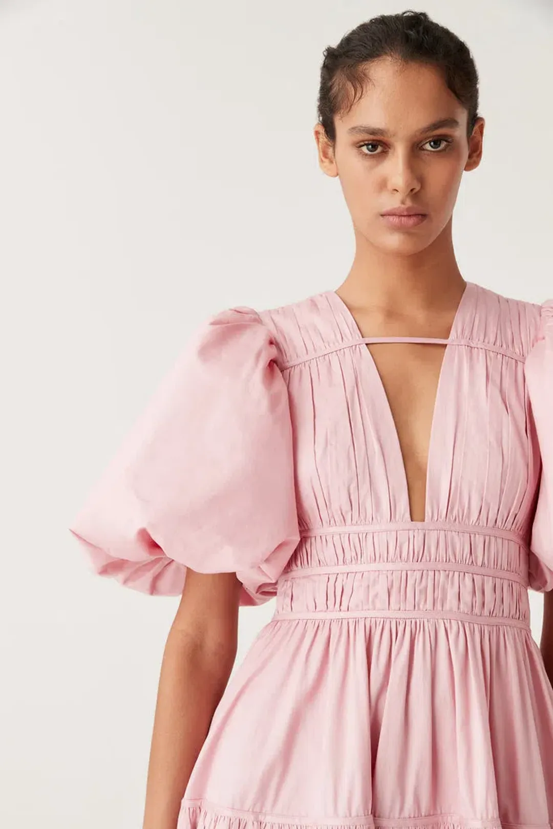 Aje Fallingwater Ruched Midi Dress Pink Size 12 for rent on The Volte - main image