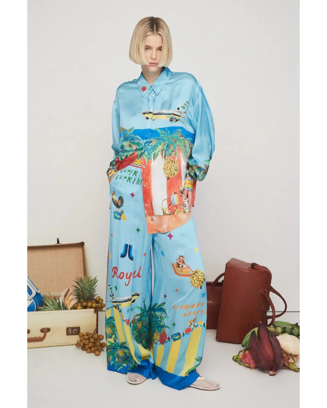 Alemais All Aboard Silk Shirt and Pant Set Print Size AU 16 for rent on The Volte - main image