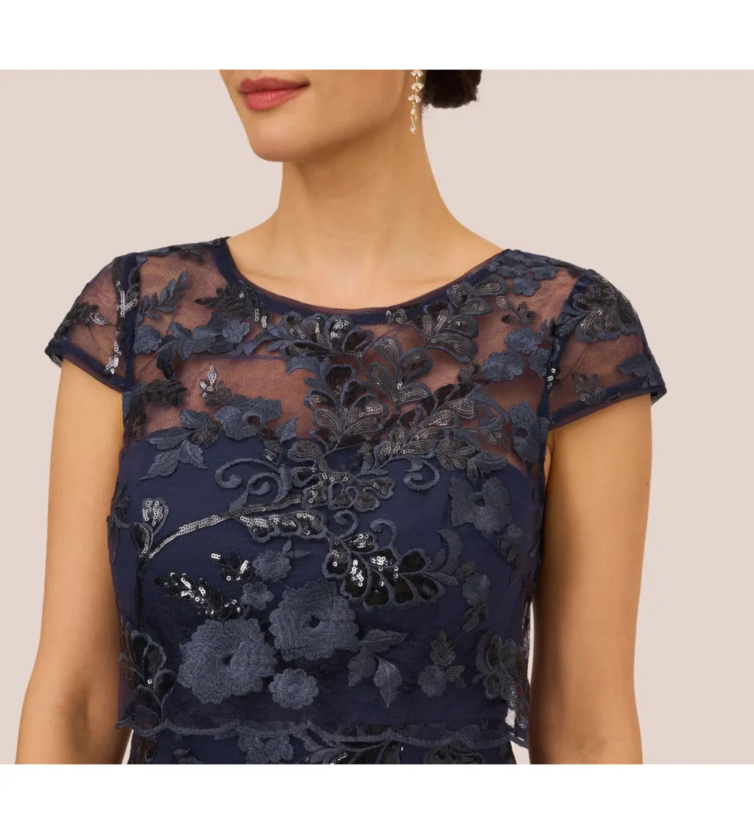 Adrianna Papell Sequin Floral Short Sleeve Mini Dress with Popover in Navy Size AU 6 for rent on The Volte - main image