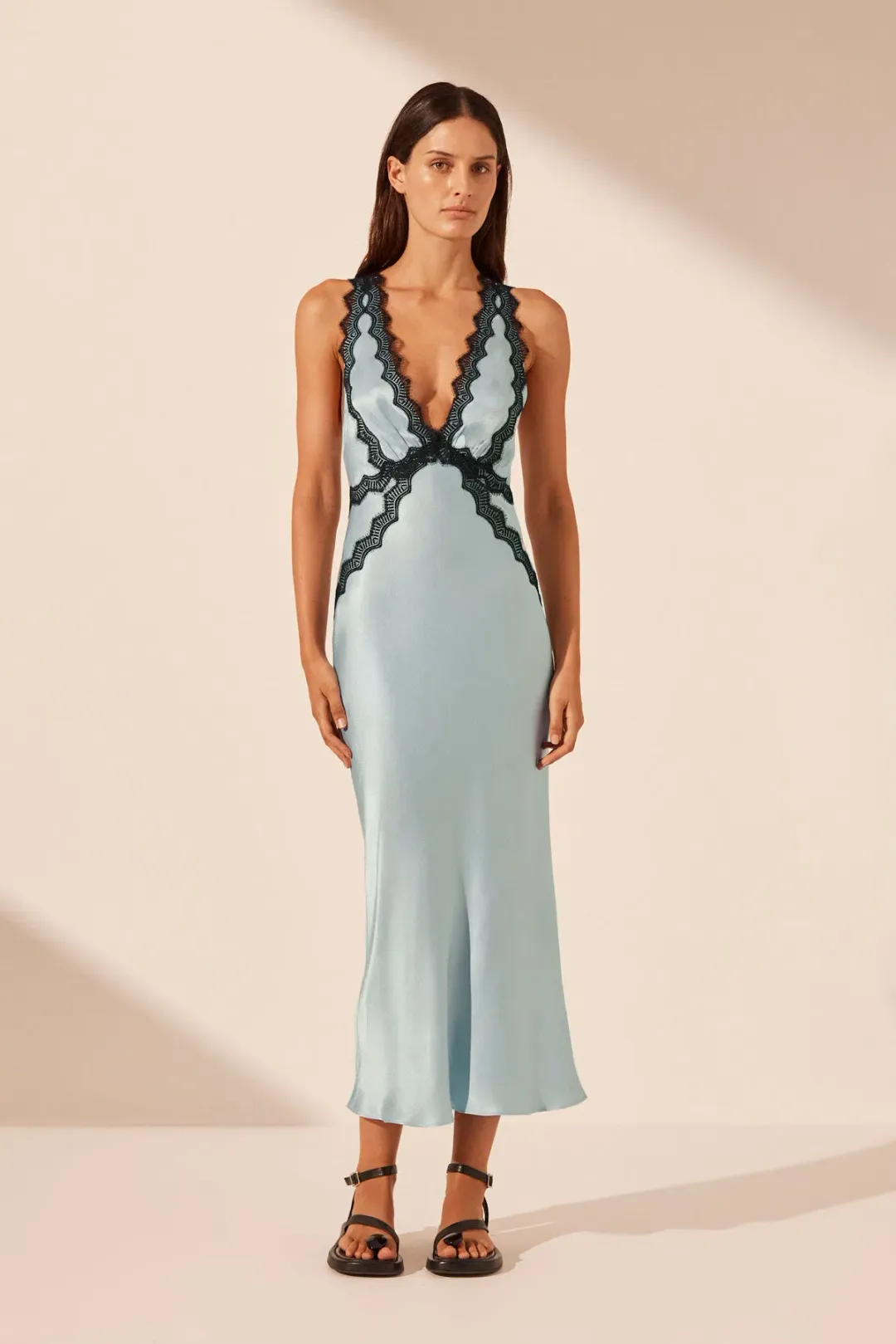 Shona Joy Camille Lace Cross Back Midi Dress Cool Blue/Black Size 6 for rent on The Volte - main image
