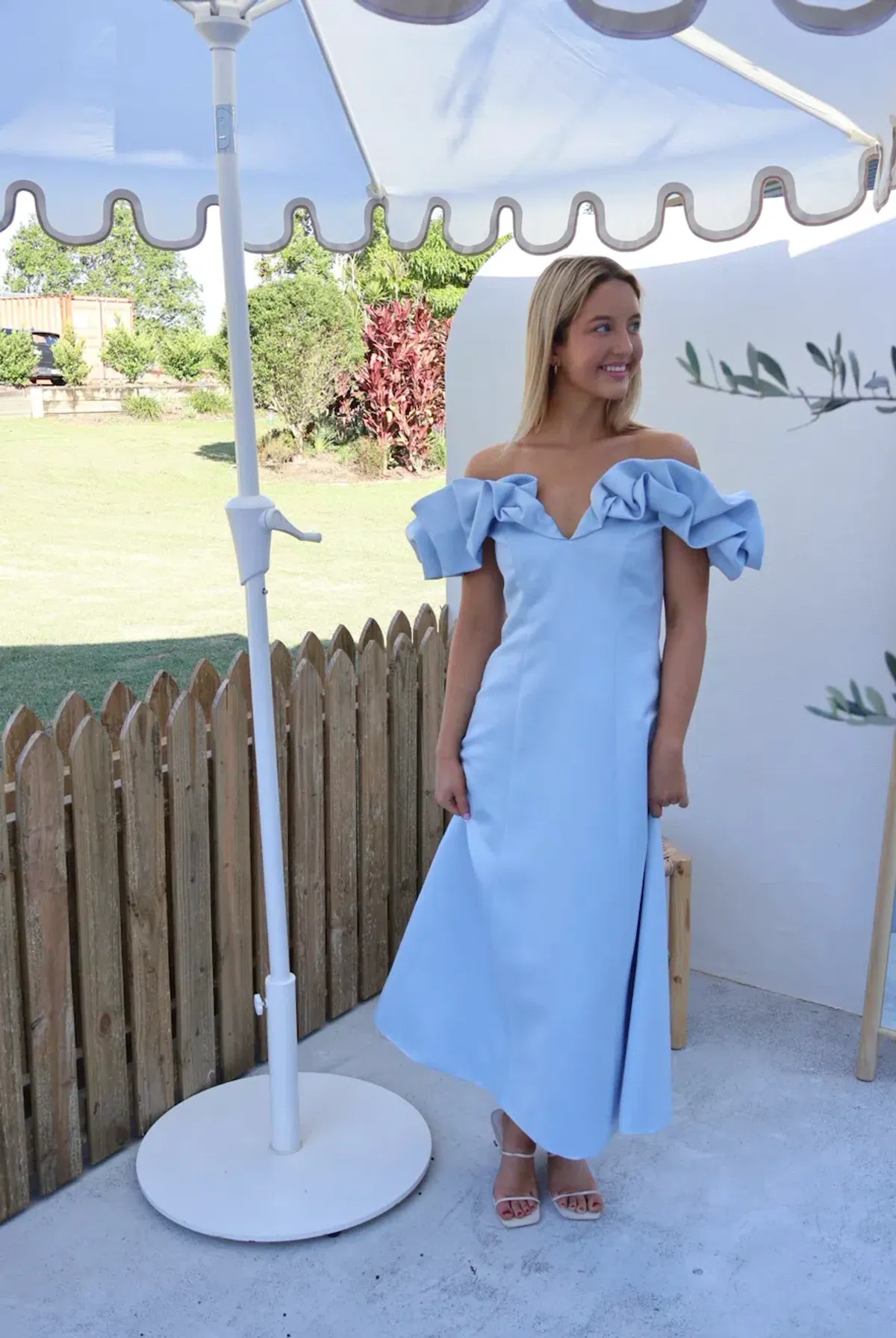 Leo Lin Annie Off Shoulder Frill Midi Dress Sky Blue Size AU 8 for rent on The Volte - main image