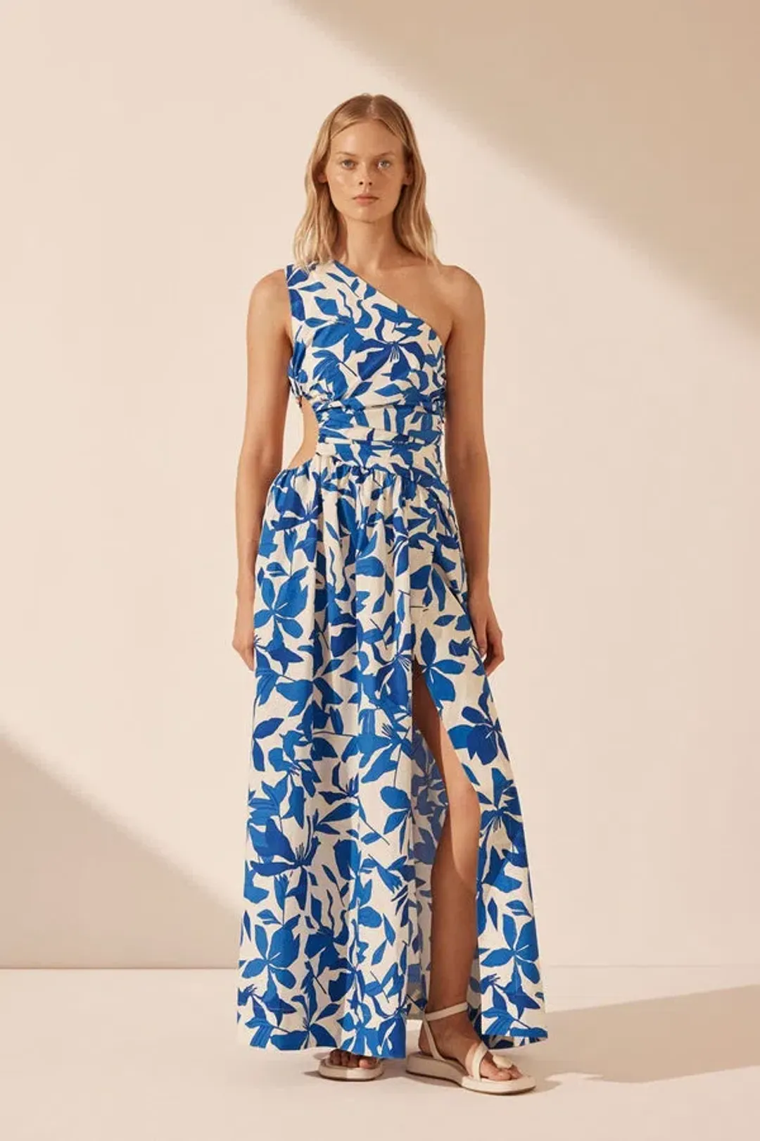 Shona Joy Bleue Asymmetrical Cut Out Maxi Dress in Blue/White Size 10 for rent on The Volte - main image