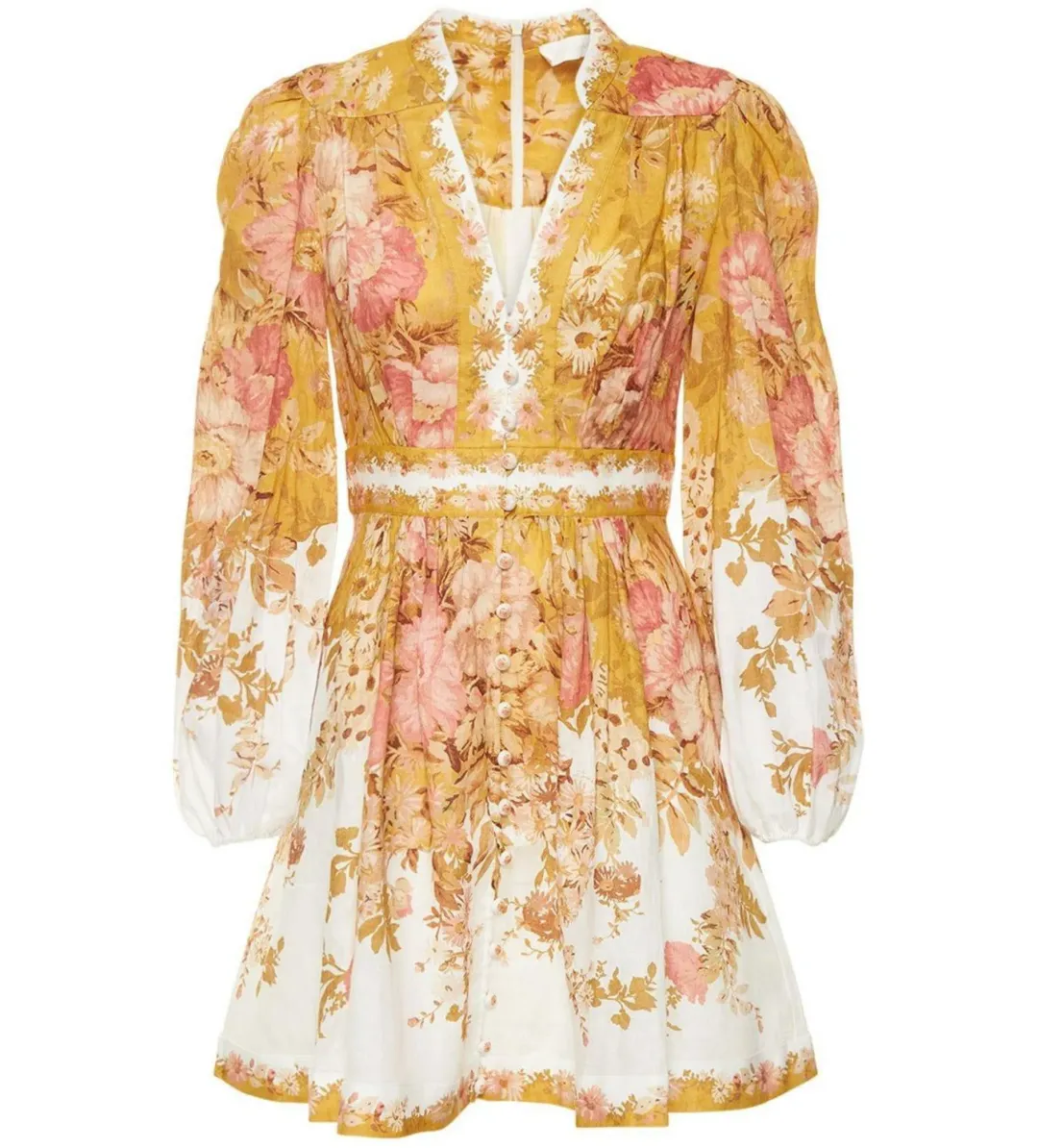 Zimmermann The Pattie Plunge Mini Dress in Mustard Floral Size 0P / AU 6  for rent on The Volte - main image