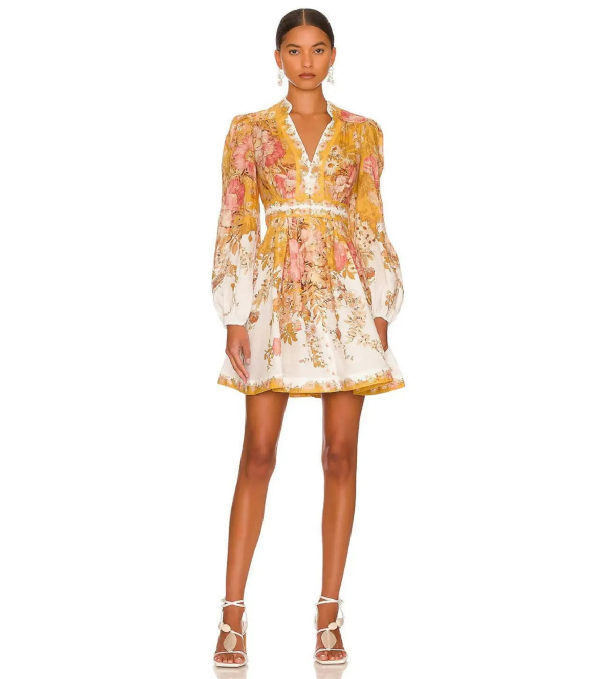 Zimmermann The Pattie Plunge Mini Dress in Mustard Floral Size 0P / AU 6  for rent on The Volte - main image