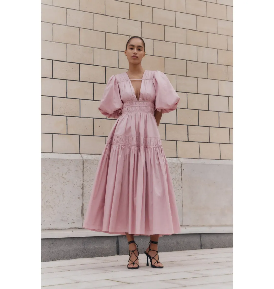 Aje Fallingwater Gathered Midi Dress Chalk Pink Size AU 6  for rent on The Volte - main image