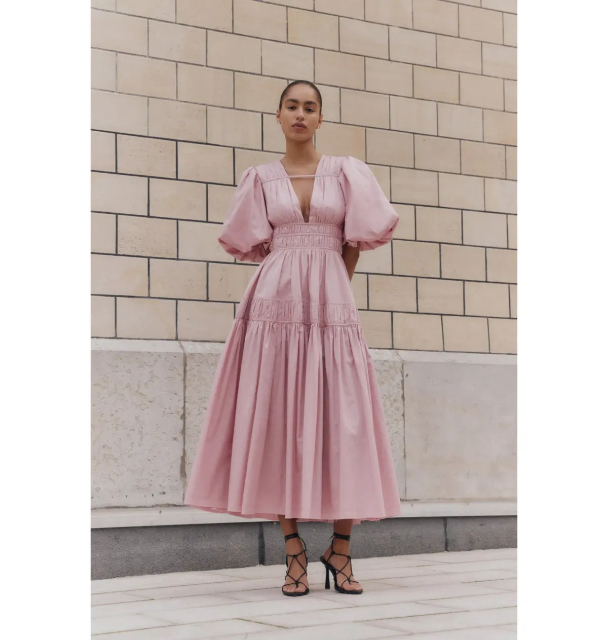 Aje Fallingwater Gathered Midi Dress Chalk Pink Size AU 6  for rent on The Volte - main image