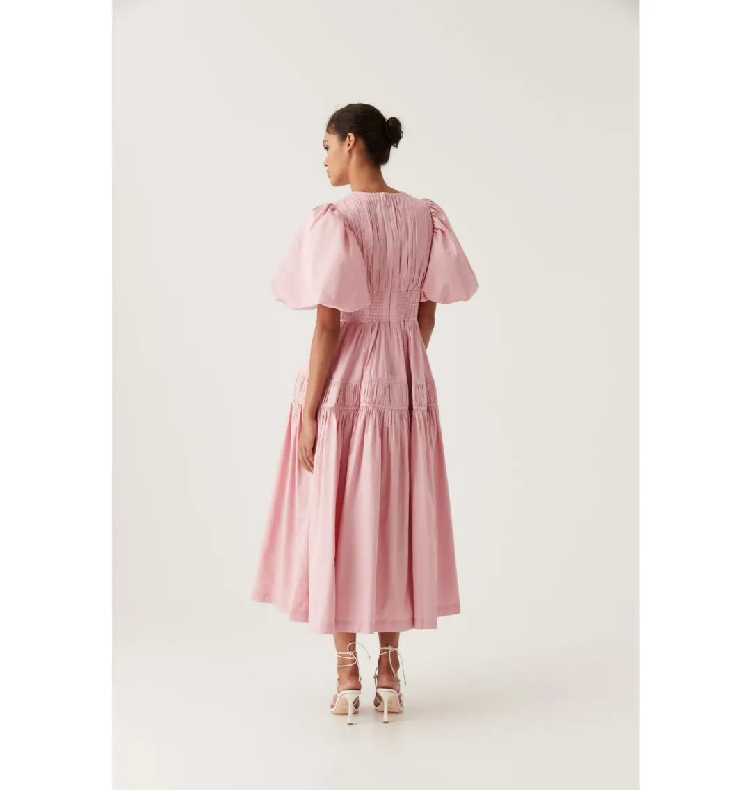 Aje Fallingwater Gathered Midi Dress Chalk Pink Size AU 6  for rent on The Volte - main image
