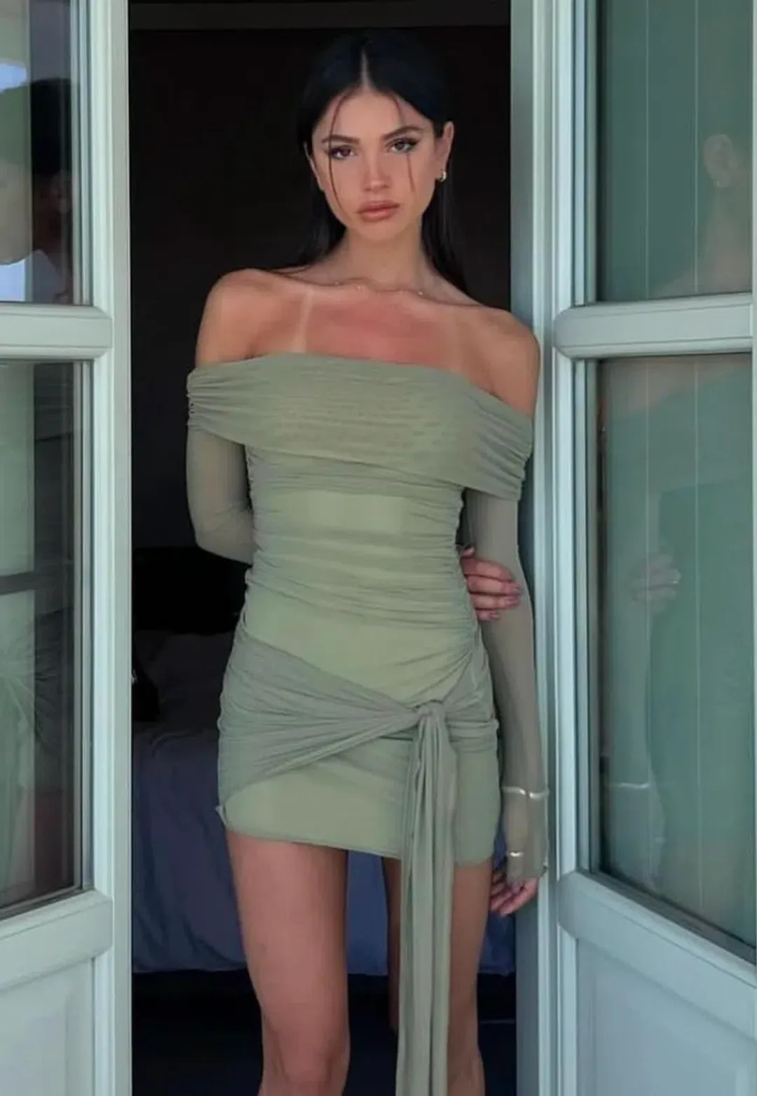 Benni Yasmin Off Shoulder Mini Dress Pistachio Green Size 8 for rent on The Volte - main image