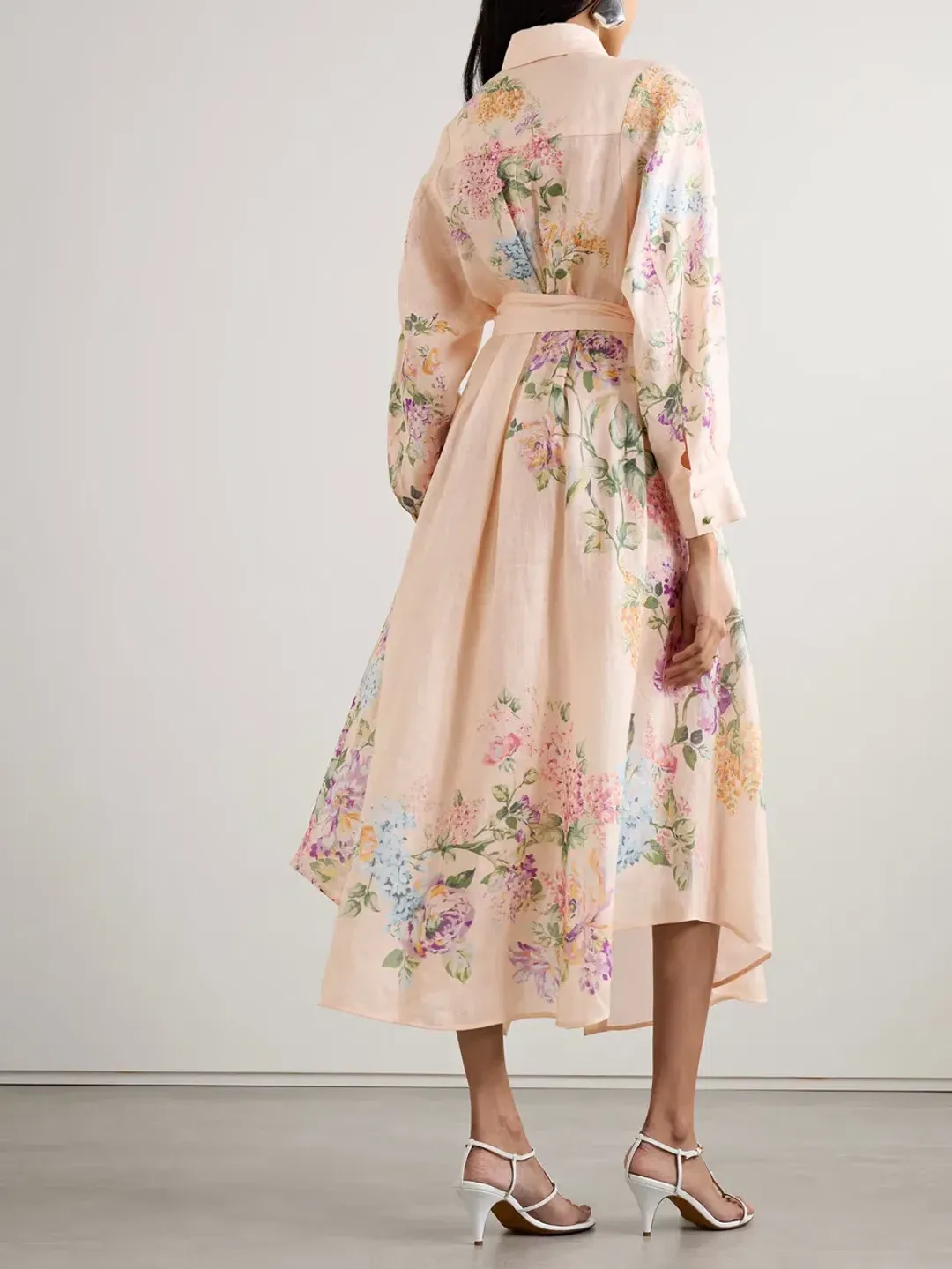 Zimmermann Halliday Long Sleeve Linen Midi Shirtdress in Cream Watercolour Floral Size 0 / AU 8 for rent on The Volte - main image