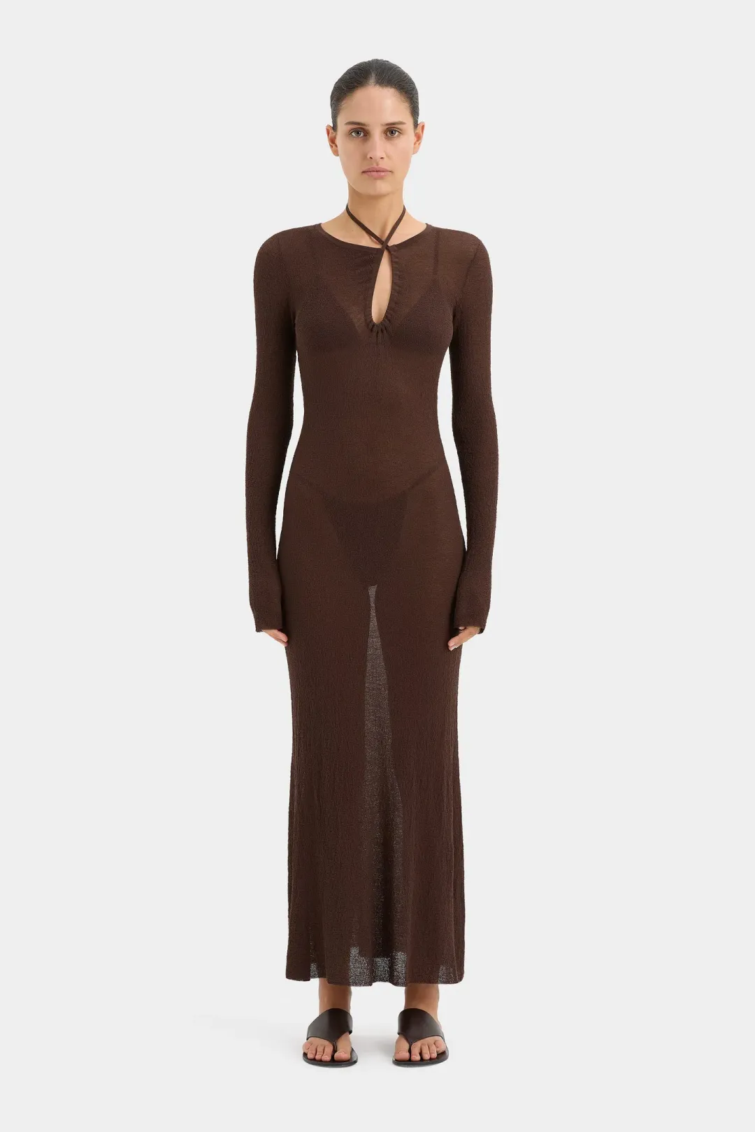 Sir the Label Emmeline Halterneck Long Sleeve Dress Chocolate Size 0 / AU 6 for rent on The Volte - main image