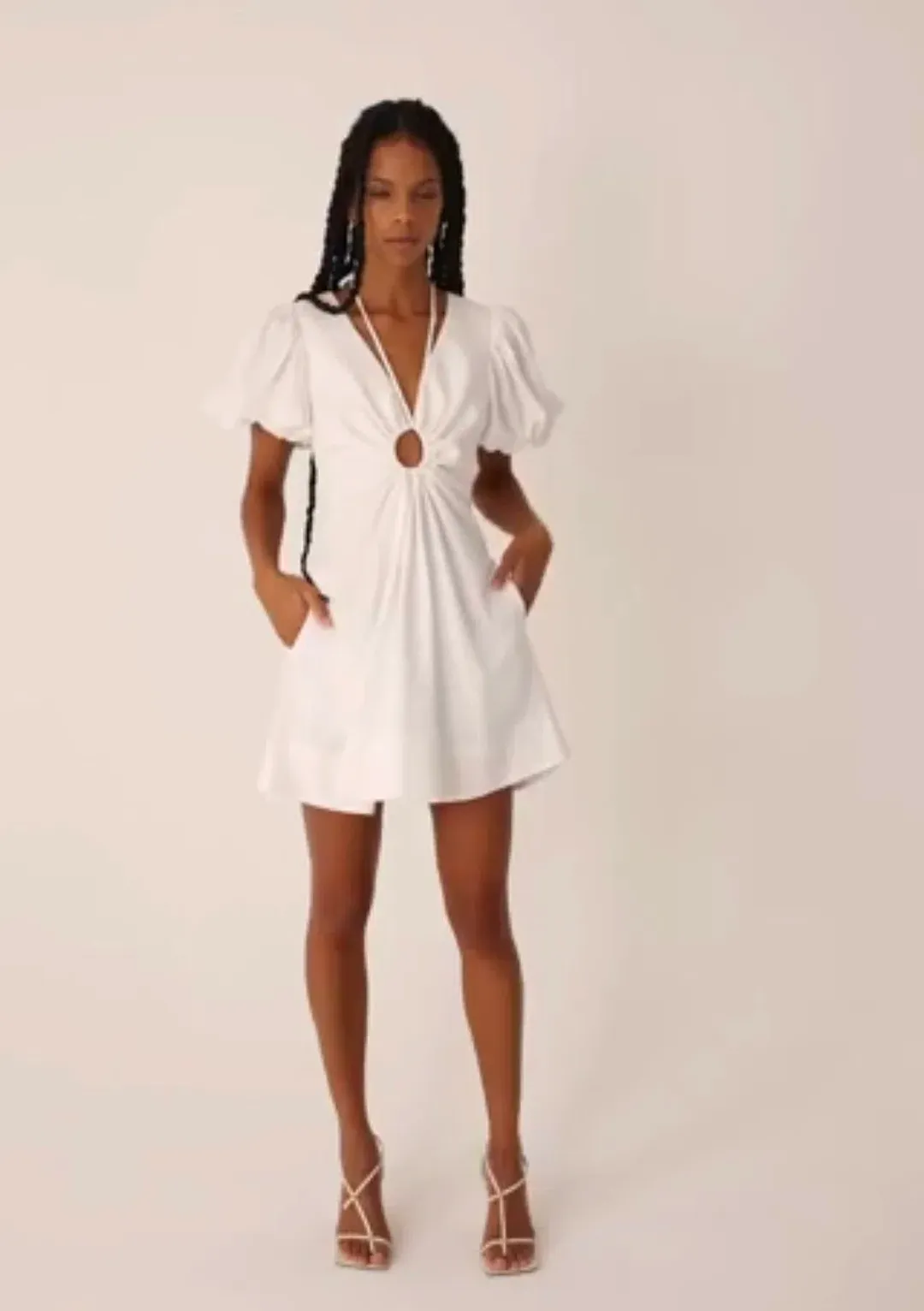 Shona joy White Linen Ruched Keyhole Mini Dress Size 6 for rent on The Volte - main image