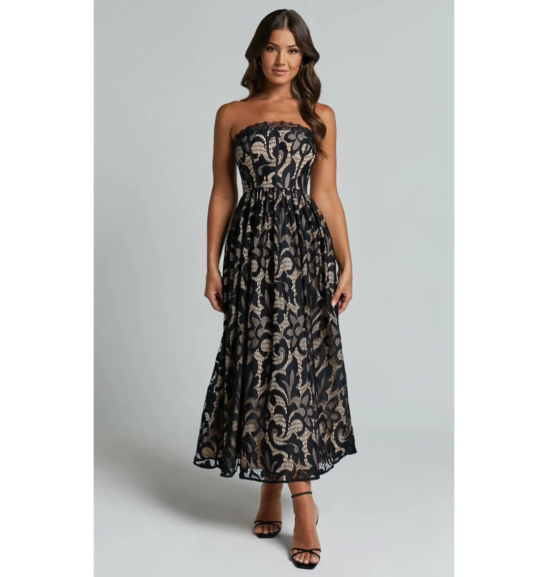 Sheike Madeleine Strapless Lace Scallop Hem Midi Dress in Black Size AU 8  for rent on The Volte - main image