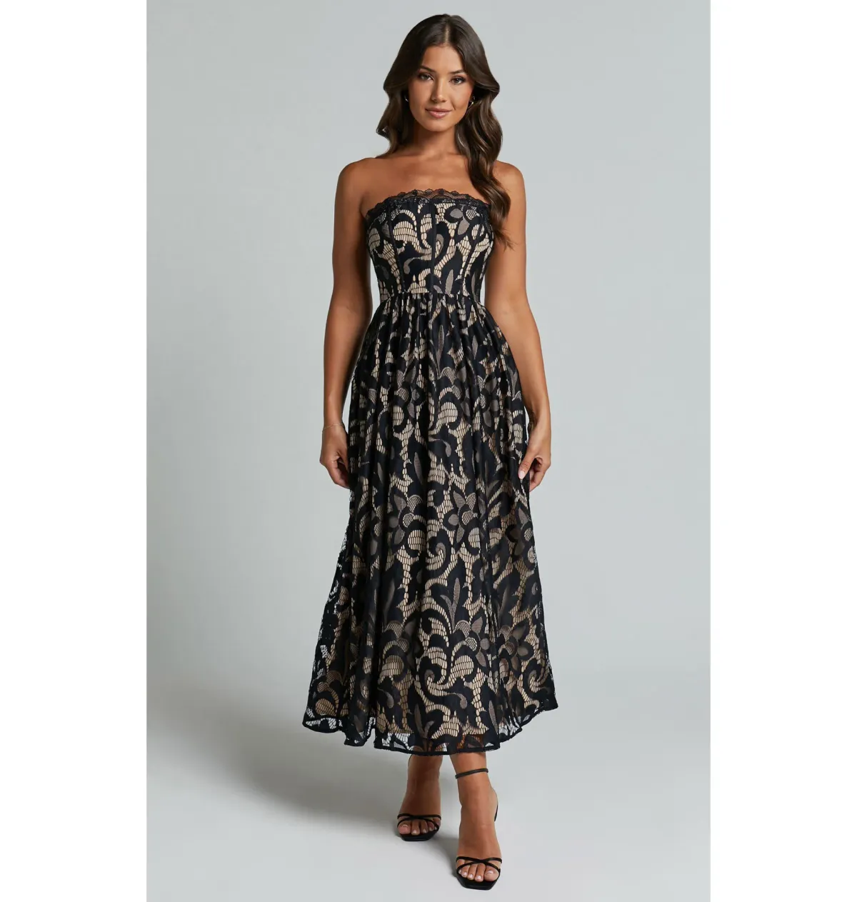 Sheike Madeleine Strapless Lace Scallop Hem Midi Dress in Black Size AU 8  for rent on The Volte - main image
