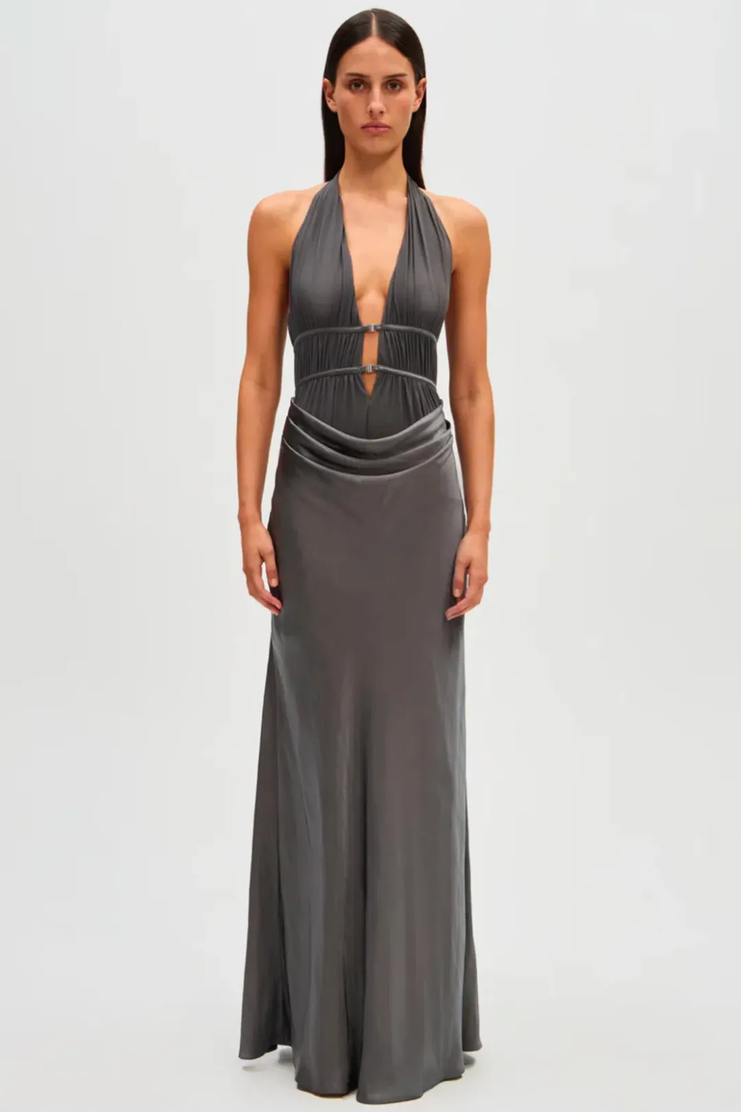Misha Celine Satin Maxi Dress Pewter Size 10 for rent on The Volte - main image