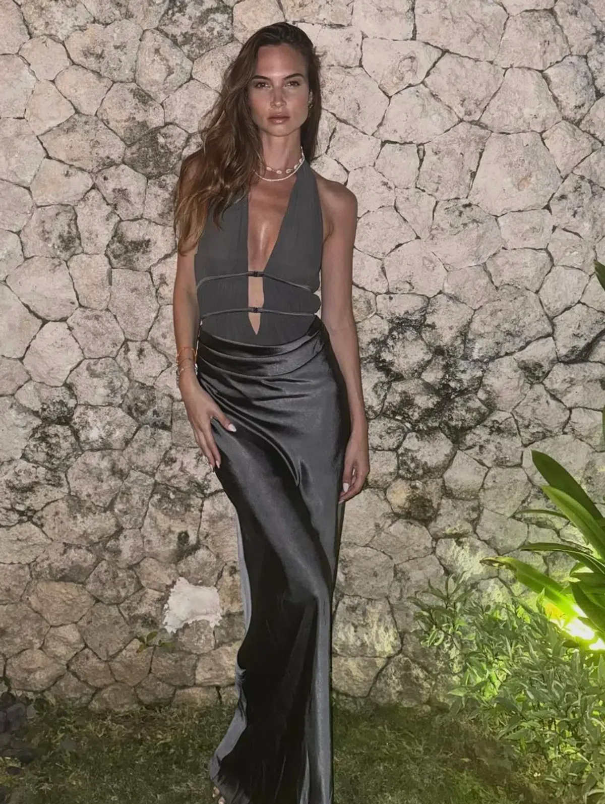 Misha Celine Satin Maxi Dress Pewter Size 10 for rent on The Volte - main image