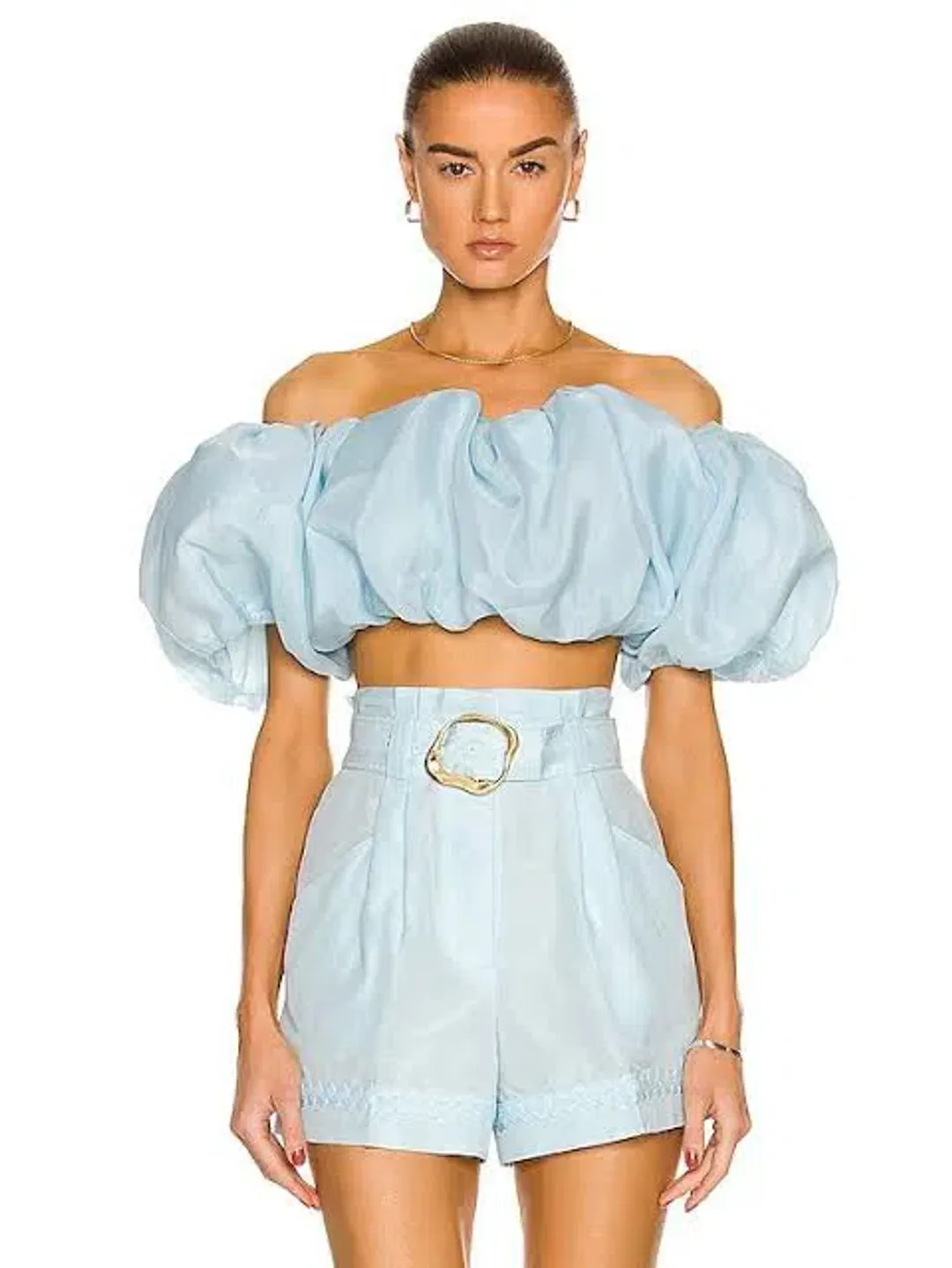 Aje Riviera Off Shoulder Tube Silk Top & Braided Silk Short Set Ice Blue Size 8 for rent on The Volte - main image