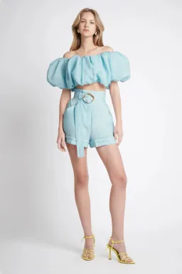 Aje Riviera Off Shoulder Tube Silk Top & Braided Silk Short Set Ice Blue Size 8 for rent on The Volte - image 1