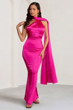 Club L London Asymmetric Scarf Neck Backless Maxi Dress Hot Pink Size 8  for rent on The Volte - image 2