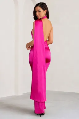 Club L London Asymmetric Scarf Neck Backless Maxi Dress Hot Pink Size 8  for rent on The Volte - image 3