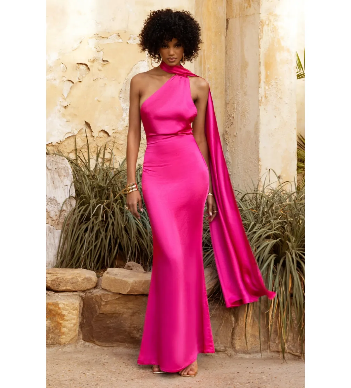Club L London Asymmetric Scarf Neck Backless Maxi Dress Hot Pink Size 8  for rent on The Volte - main image
