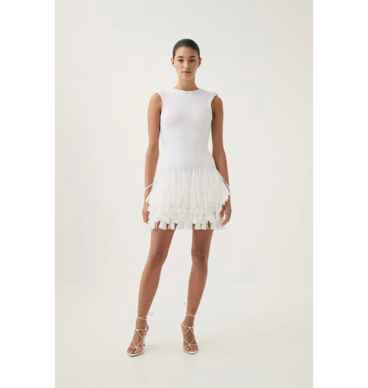 Aje Rushes Fringe Knit Mini Dress White Size AU 14 for rent on The Volte - main image