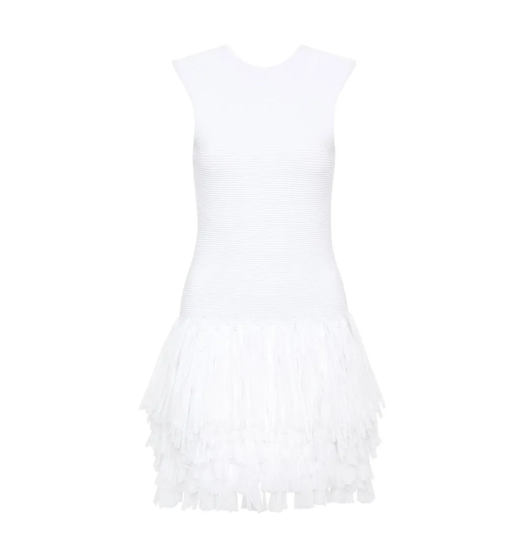 Aje Rushes Fringe Knit Mini Dress White Size AU 14 for rent on The Volte - main image