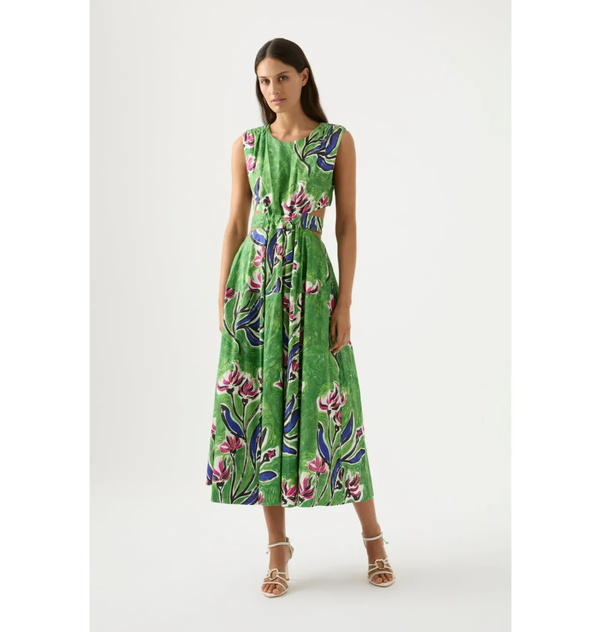 Aje Zorina Tie Midi Dress Native Gumnut Floral Size AU 16 for rent on The Volte - main image