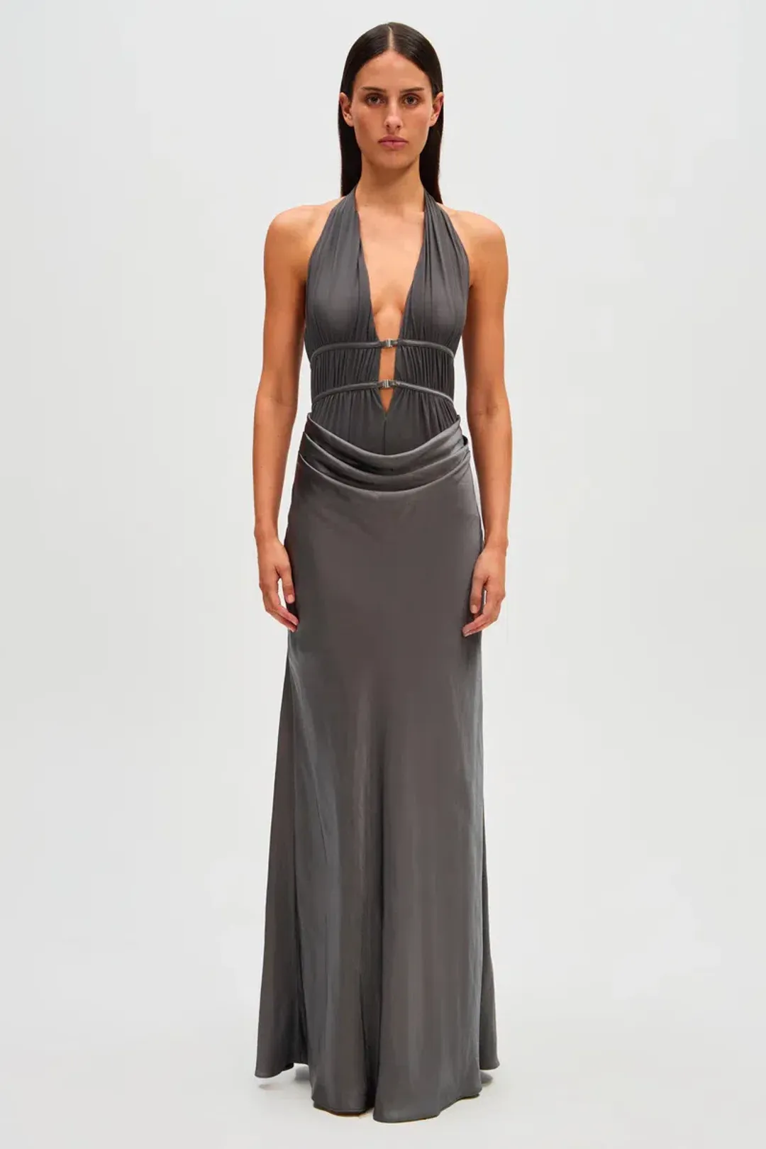 Misha Celine Satin Maxi Dress Pewter Grey Size 8 for rent on The Volte - main image
