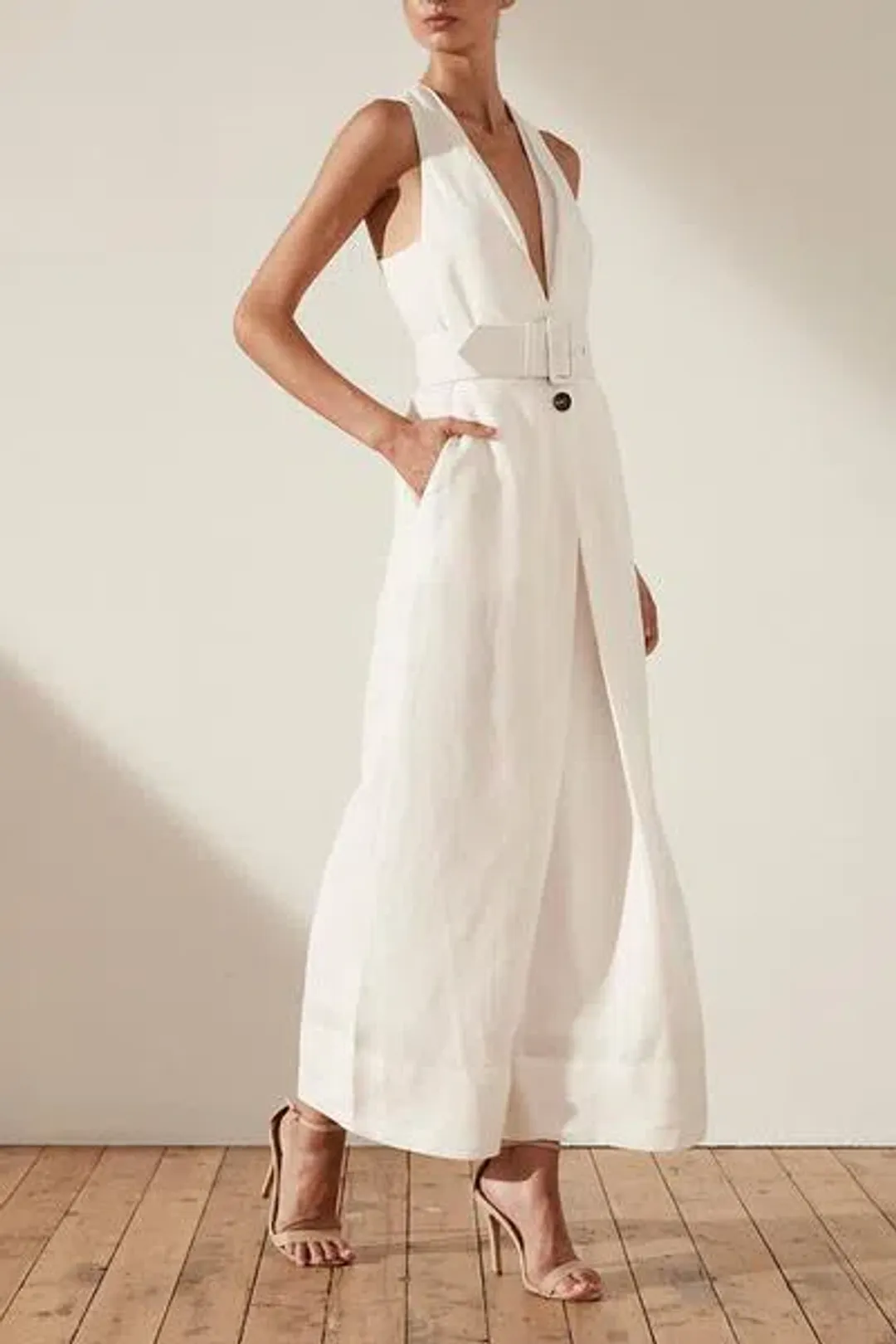 Shona Joy Gaia Sleeveless Belted Wide Leg Jumpsuit White Size 6 for rent on The Volte - main image