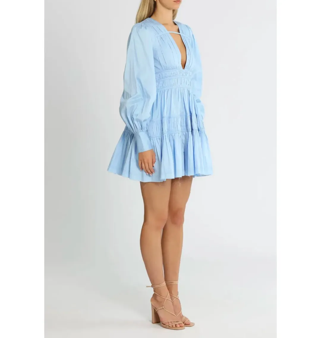 Aje Fallingwater Gathered Mini Dress in Powder Blue Size AU 8 for rent on The Volte - main image