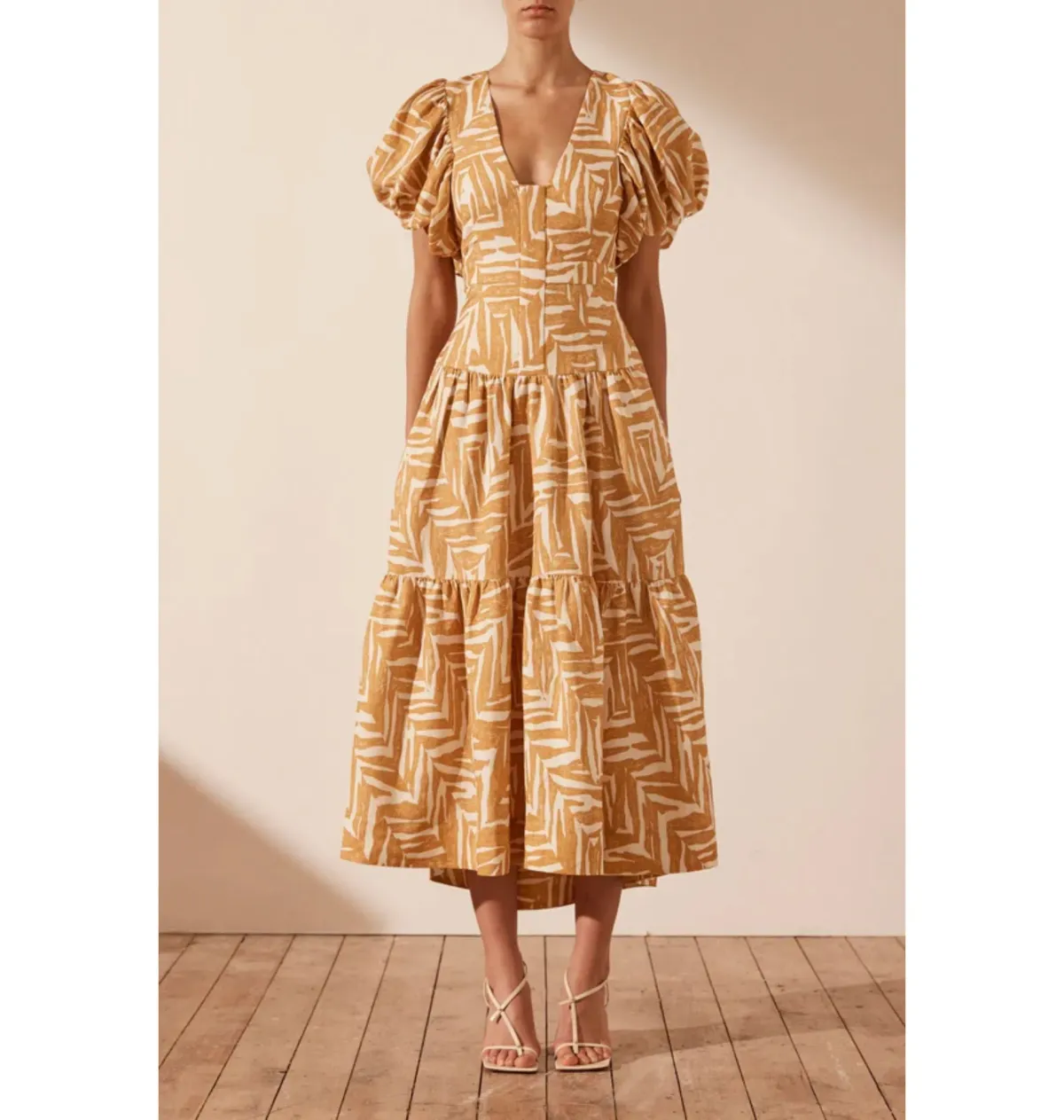 Shona Joy Imani Plunged Short Sleeve Midi Dress in Ivory/Ginger Size AU 18 for rent on The Volte - main image