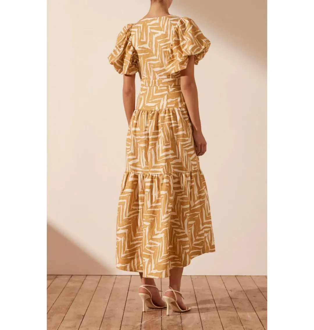 Shona Joy Imani Plunged Short Sleeve Midi Dress in Ivory/Ginger Size AU 18 for rent on The Volte - main image