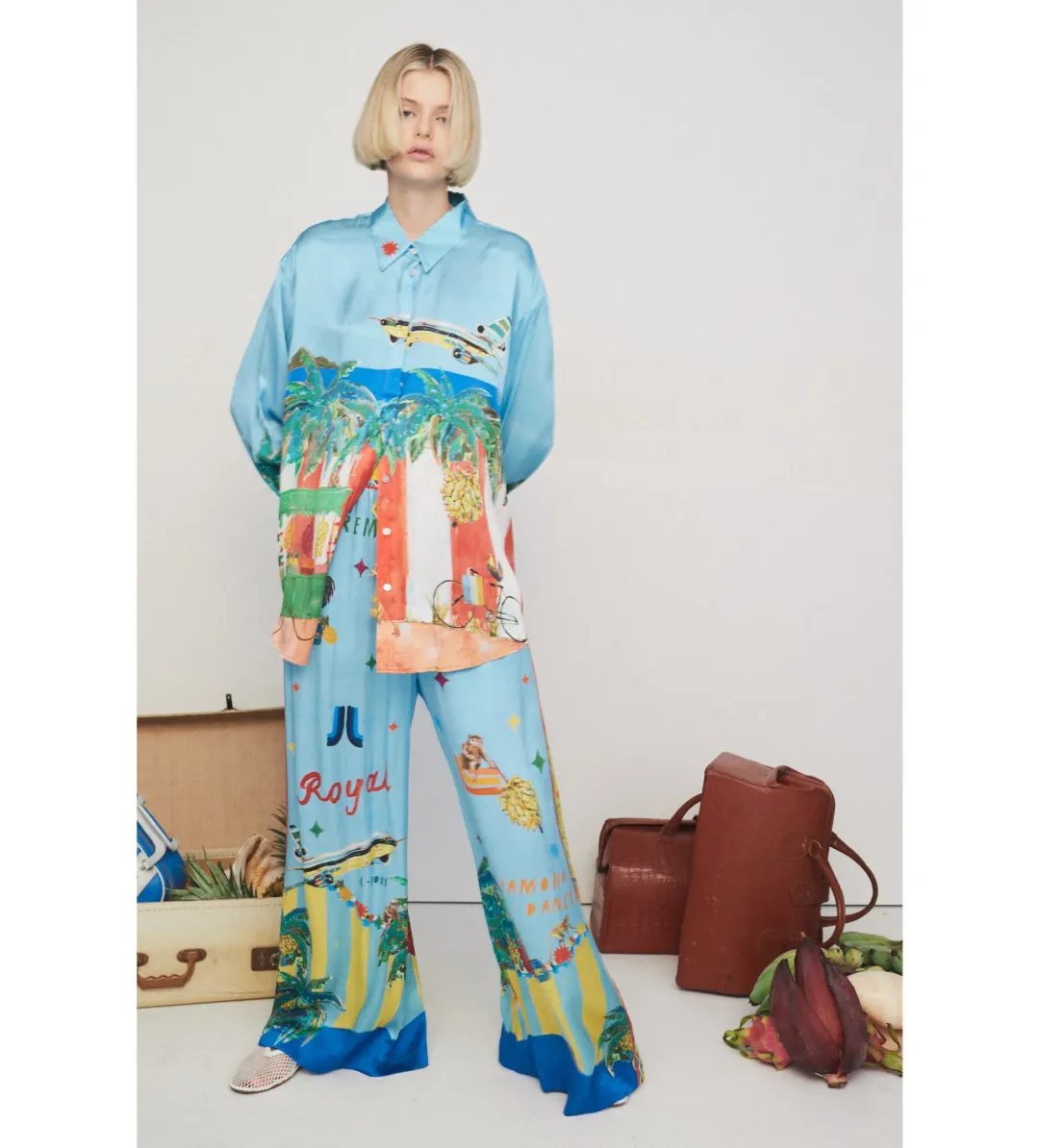 Alemais All Aboard Silk Shirt and Pant Set Print Size AU 14 for rent on The Volte - main image