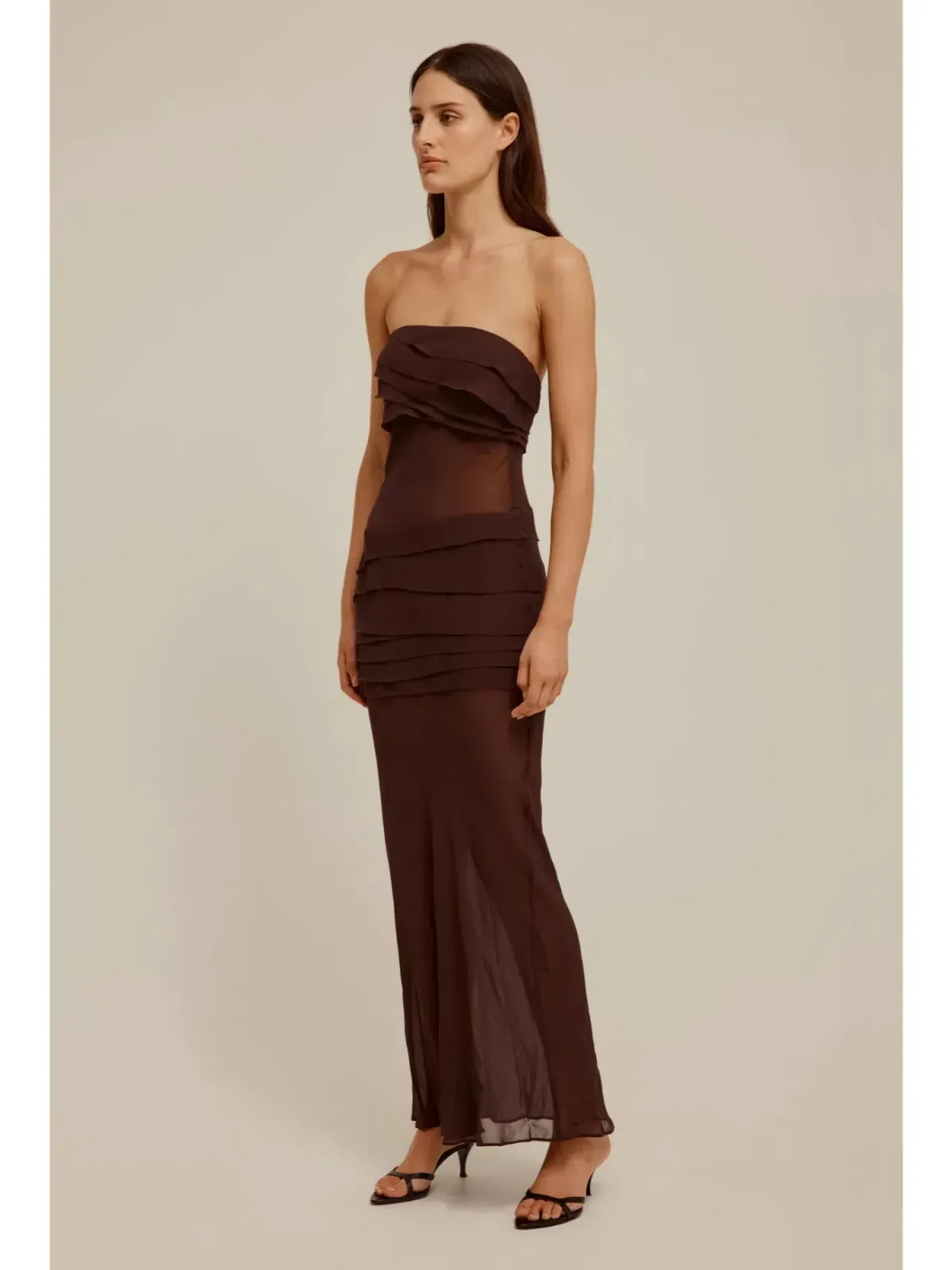 Venroy Sheer Panelled Strapless Dress Java Brown Size AU 12 for rent on The Volte - main image