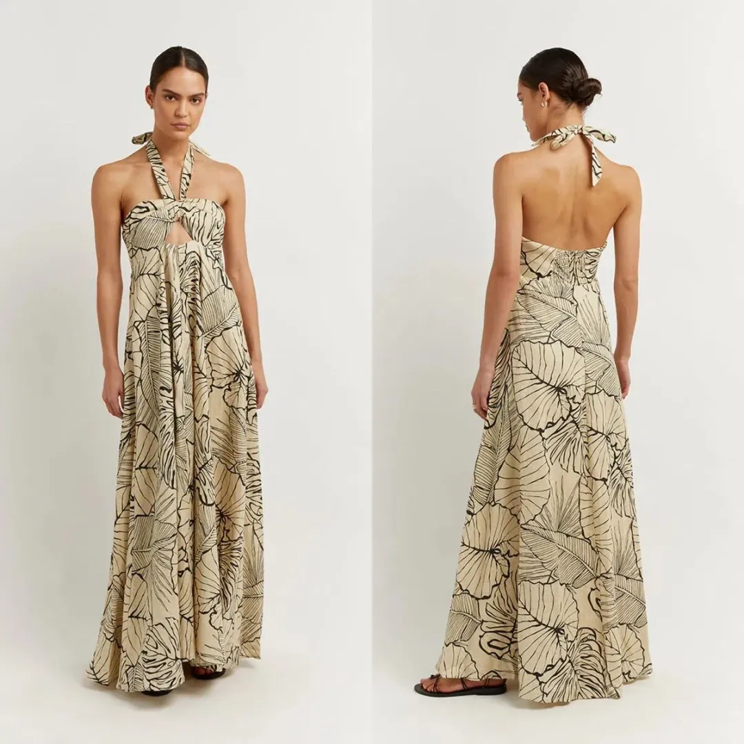 Dissh Malta Palm Linen Halter Maxi Dress size 8  for rent on The Volte - main image