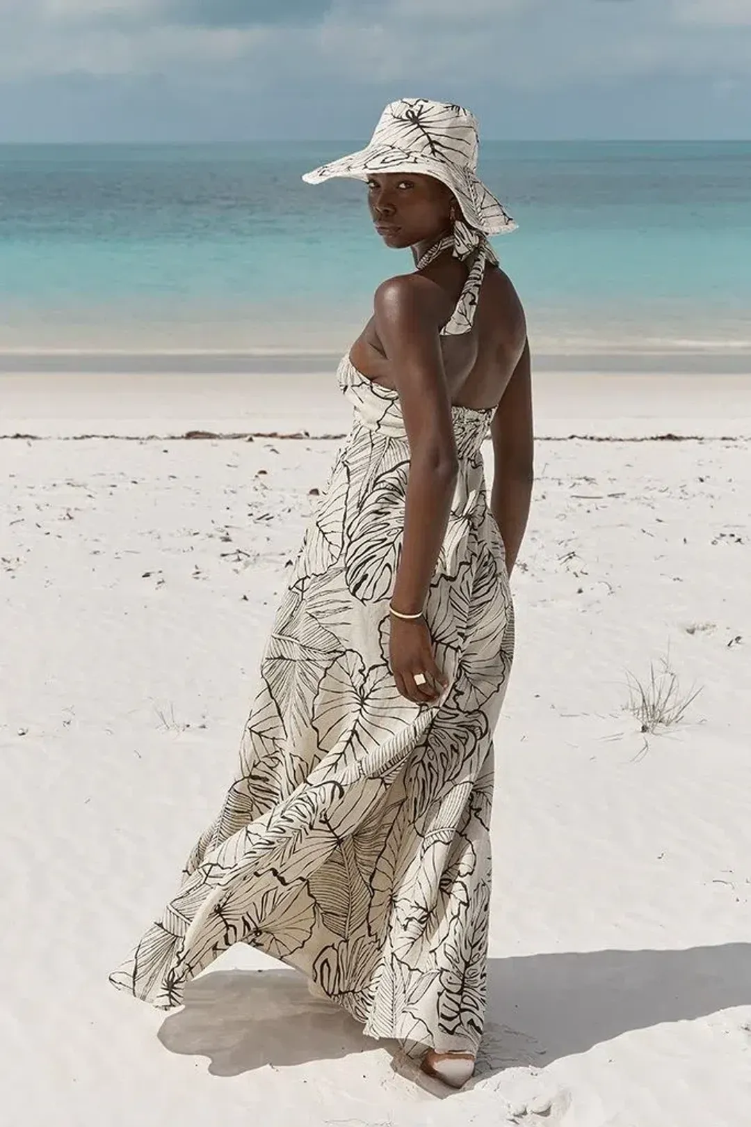 Dissh Malta Palm Linen Halter Maxi Dress size 8  for rent on The Volte - main image