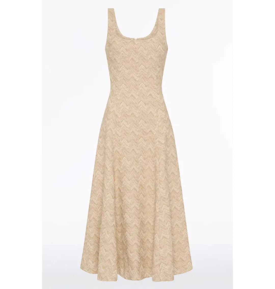 Carla Zampatti Summer Herringbone Fluted Midi Dress Beige Size AU 10 for rent on The Volte - main image