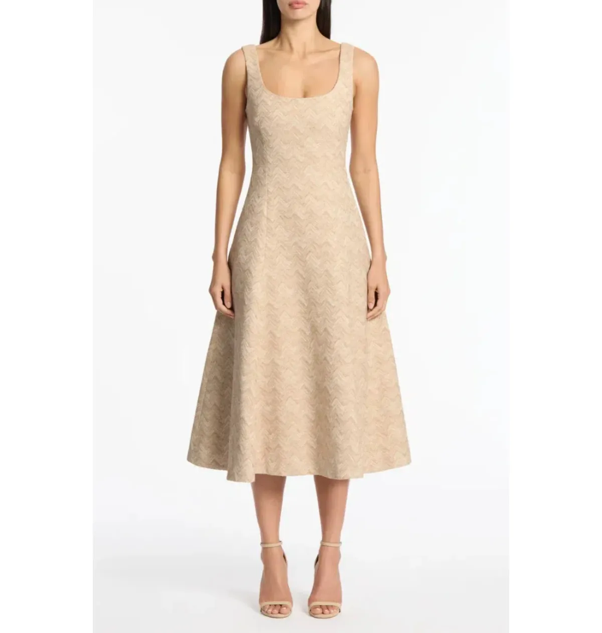 Carla Zampatti Summer Herringbone Fluted Midi Dress Beige Size AU 10 for rent on The Volte - main image