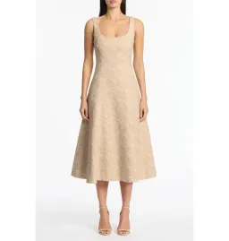 Carla Zampatti Summer Herringbone Fluted Midi Dress Beige Size AU 10 for rent on The Volte - image 1